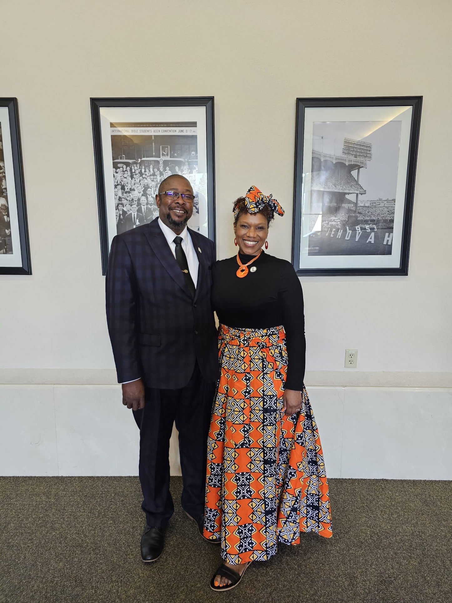 African Print Full Skirt with Coordinating Head Wrap (Orange Black Squared)