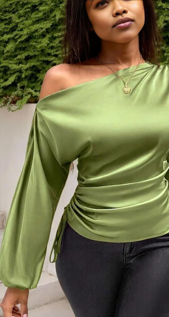 Drawstring One Shoulder Long Sleeve Blouse