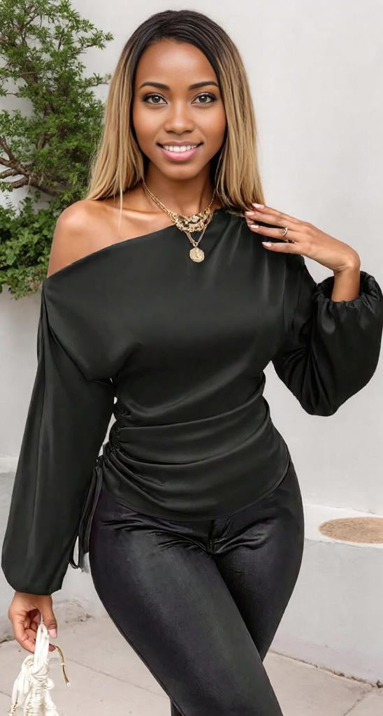 Drawstring One Shoulder Long Sleeve Blouse
