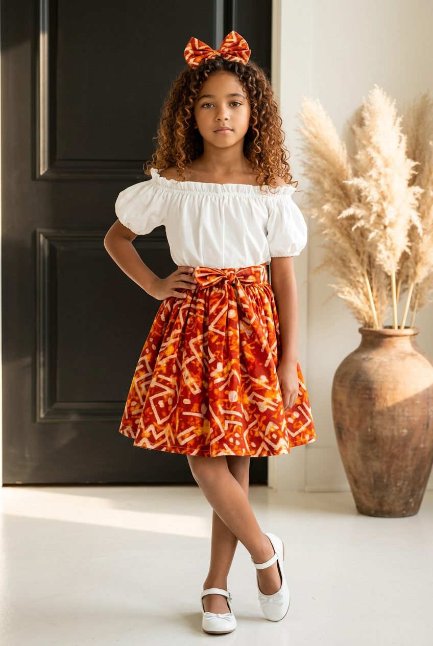 Little Girls Skirt & Head Bow Set-Kids Fiery K05 (Child Size 5-8)