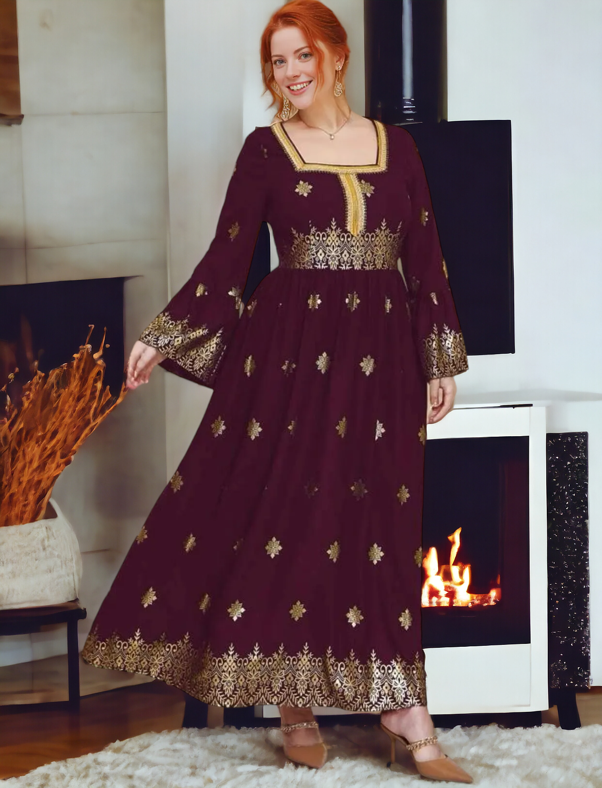 Elegant Arabic/Indian Golden Floral Trumpet Sleeve Dress, US Sizes 12 - 22
