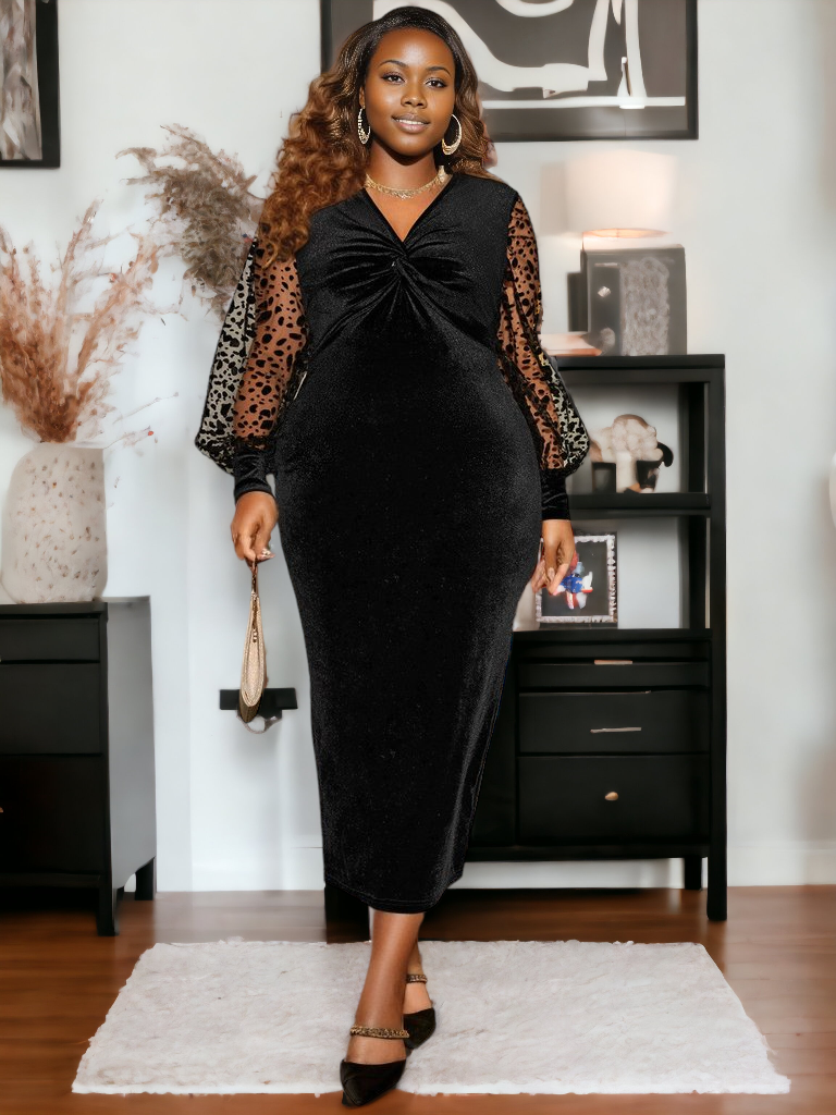 Plus Size Twist Front Lantern Sleeve Slit Dress