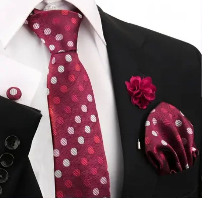 Men’s Silk Coordinated Tie Set - Red with Polka Dots (silver, pink, white)