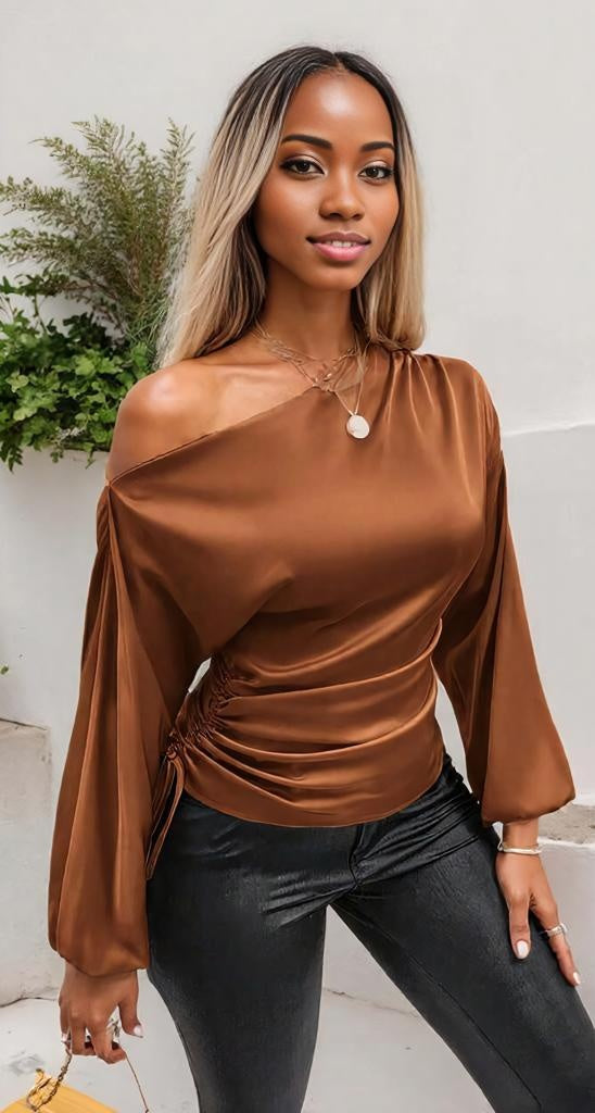 Drawstring One Shoulder Long Sleeve Blouse