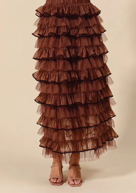 SO ME Layered Ruffled Tulle Maxi Skirt