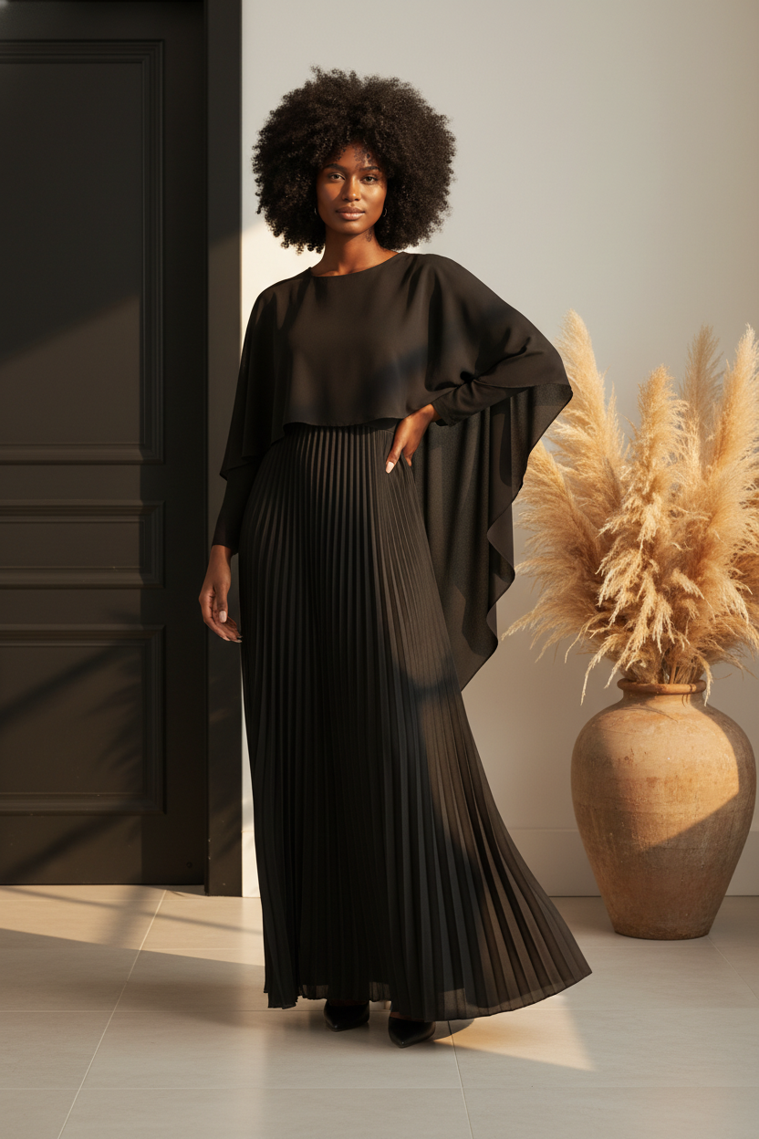 Cape Pleated Maxi Dress