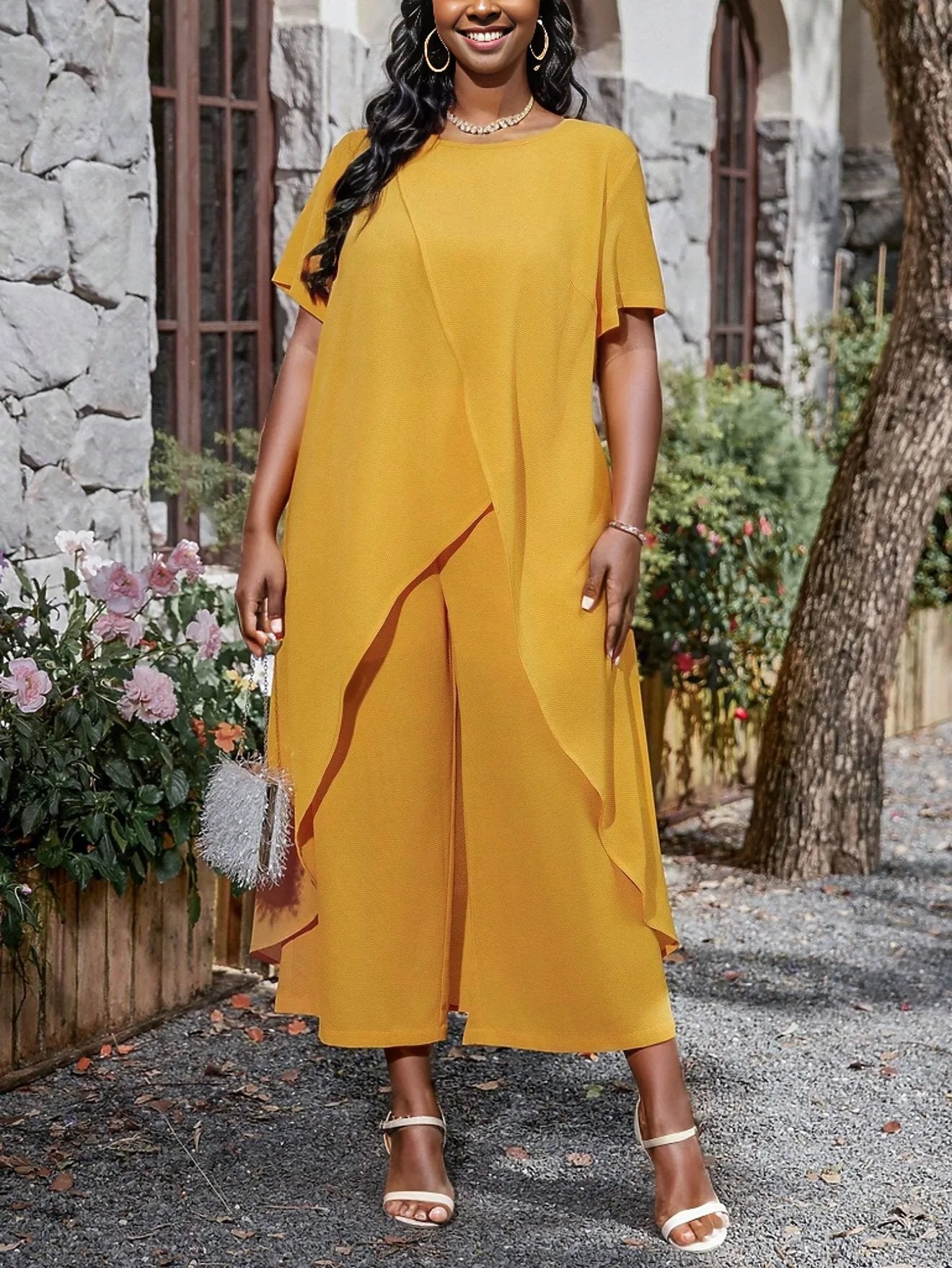 Plus Fashion Asymmetrical Top with Wide Leg Pants - Three Colors