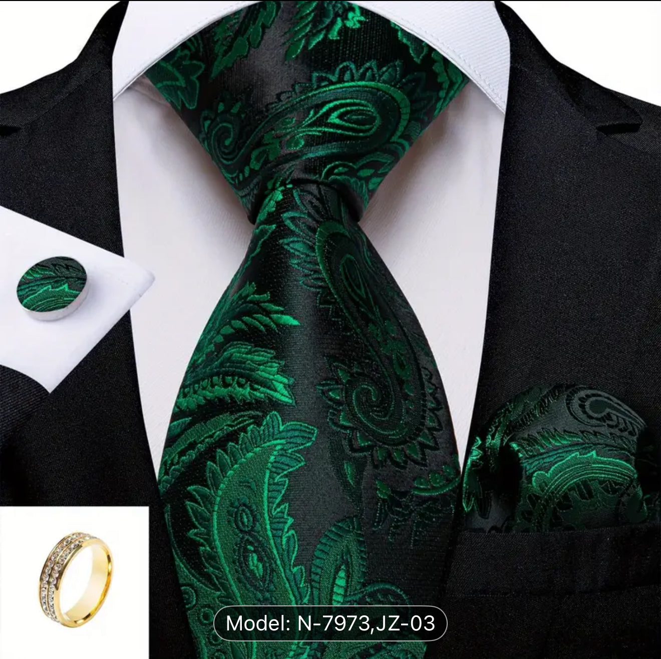 Men’s Silk Coordinated Tie Set - Deep Green & Black Paisley