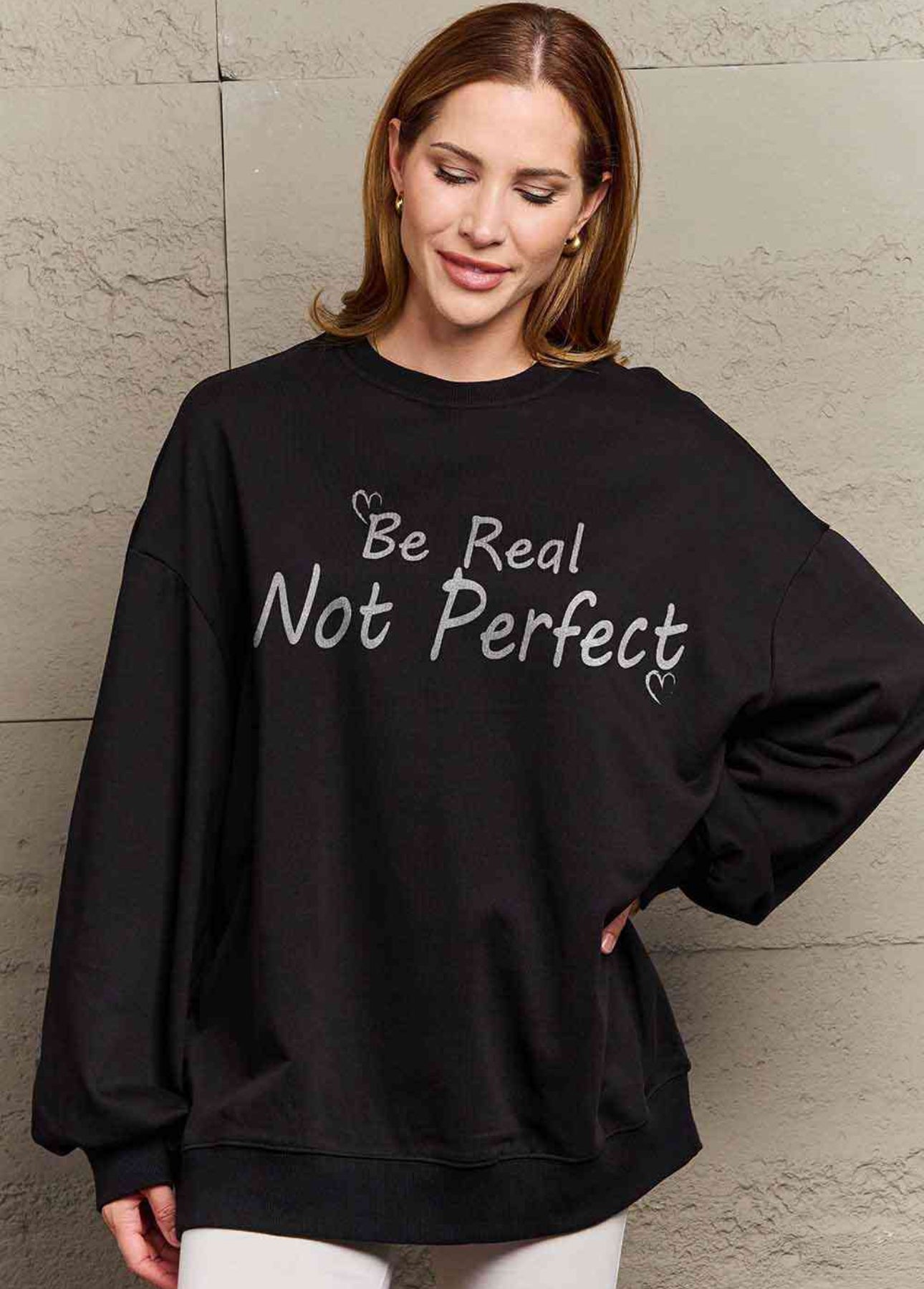 Simply Love Full Size BE REAL NOT PERFECT Graphic Sweatshirt