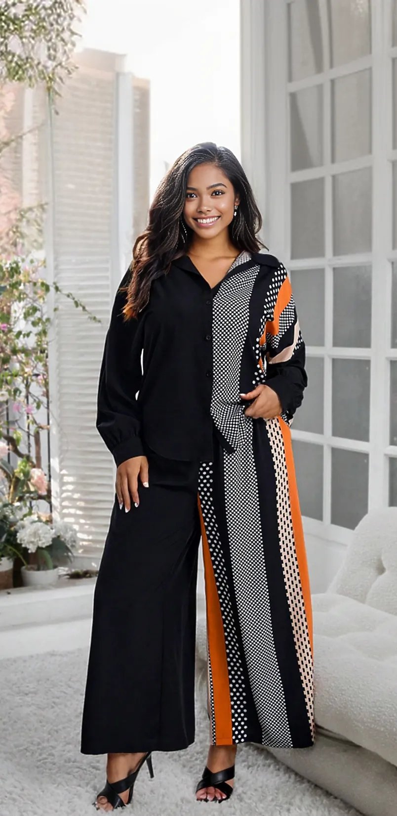 Wide Leg Pants and Drop Shoulder Top Two Piece Polka Dot Set (US Sizes 4 - 20)