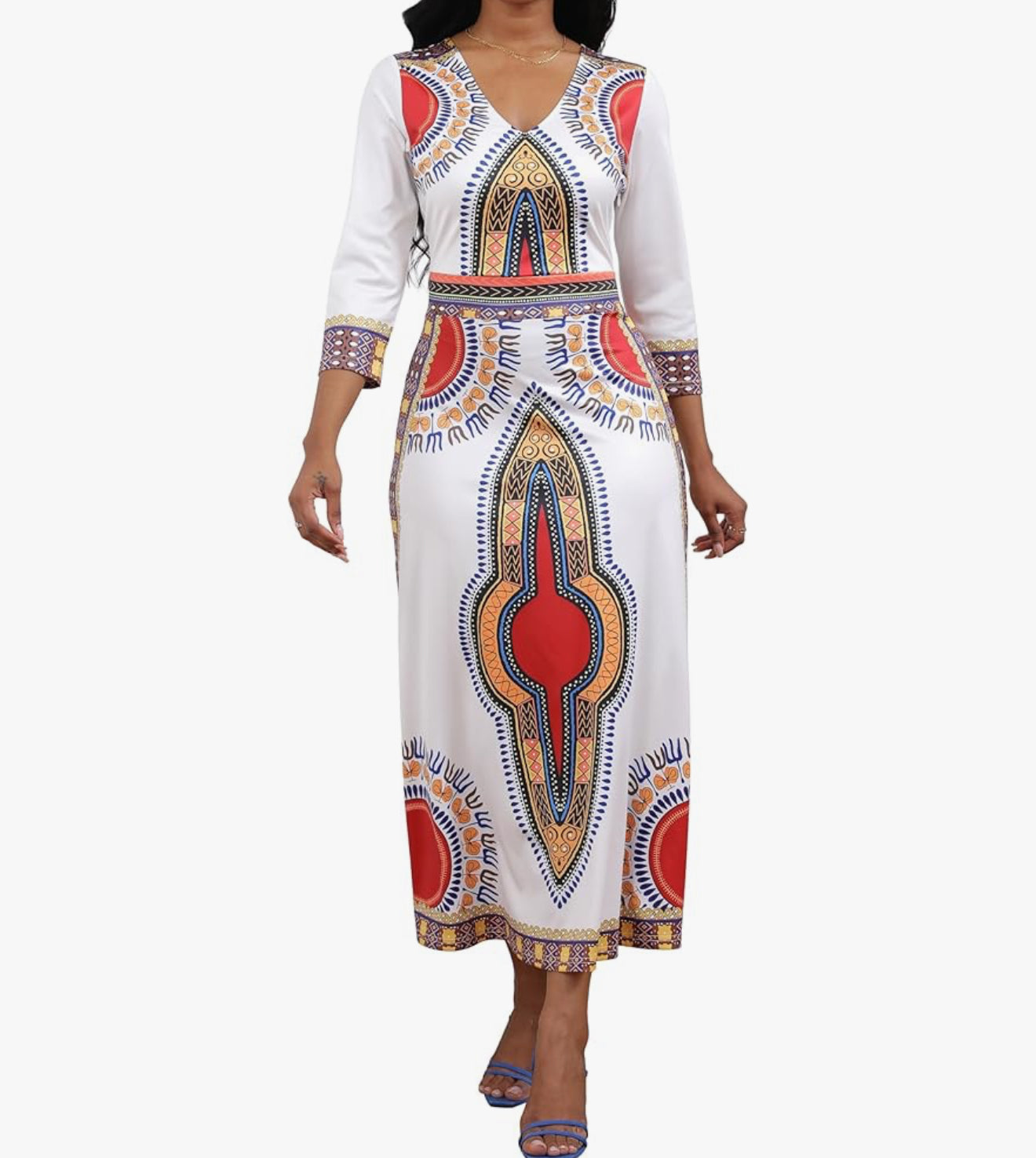 Elegant African Print Maxi Dress – Sizes S to 3XL (White)