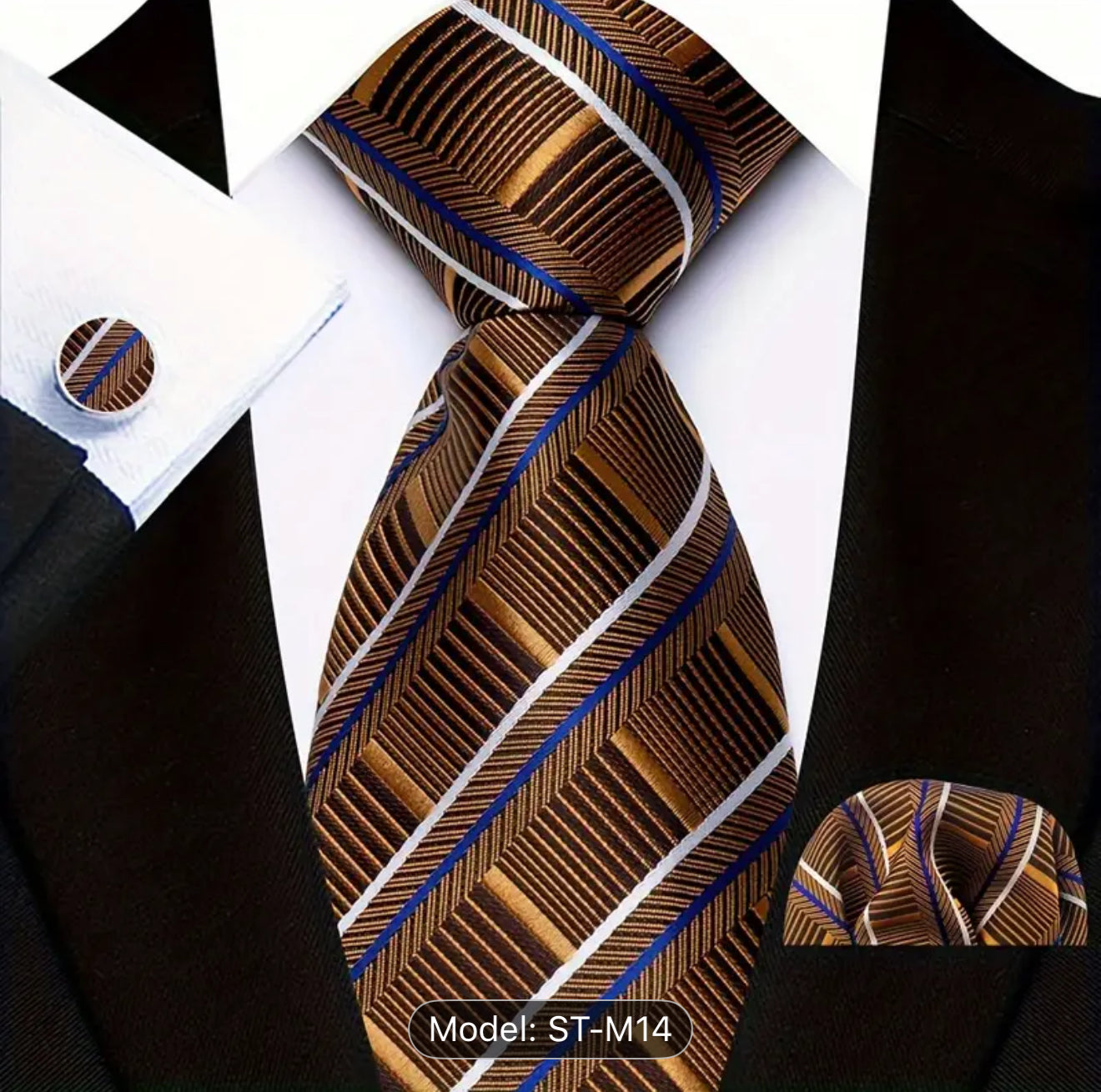 Men’s Silk Coordinated Tie Set - Brown with Blue White Stripes
