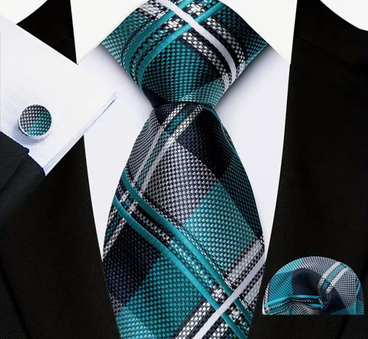 Men’s Silk Coordinated Tie Set - Green, Black and White Stripes