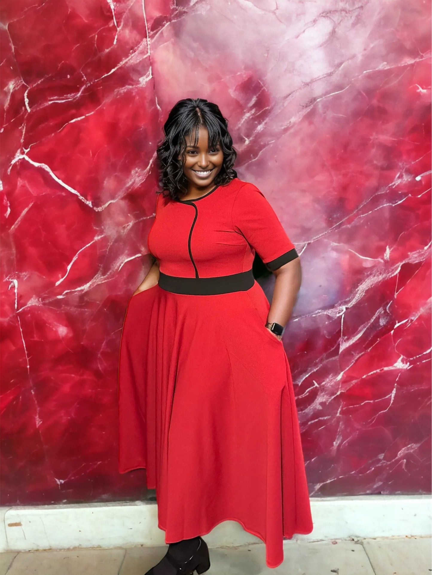 Red Contrast Trim Dress