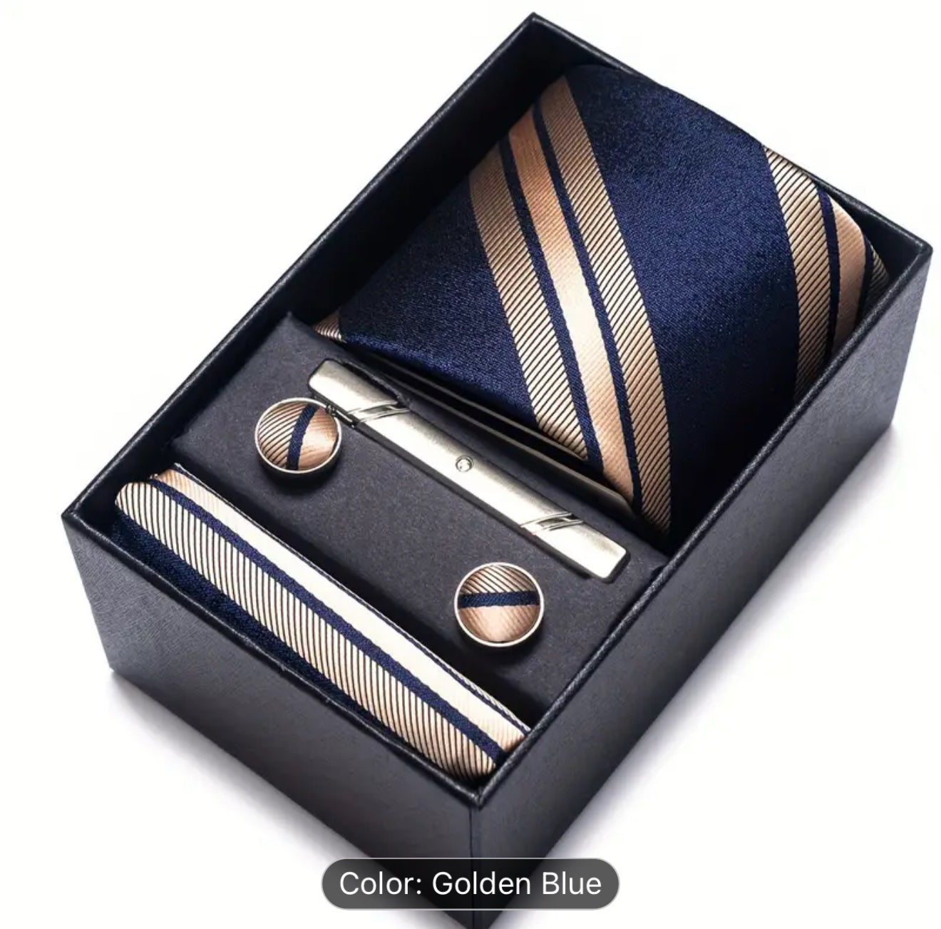 Men’s Silk Coordinated Tie Set w/Box - Golden Blue Stripes