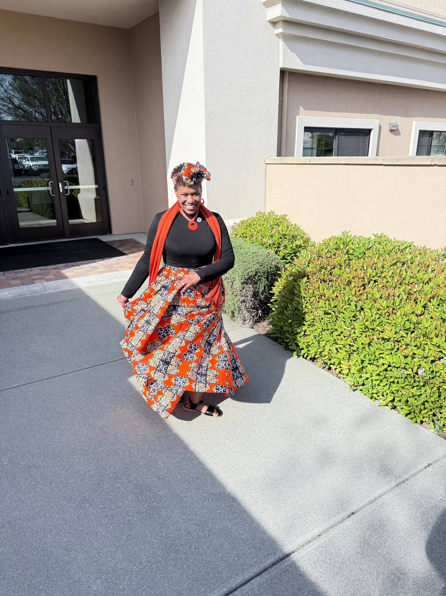 African Print Full Skirt with Coordinating Head Wrap (Orange Black Squared)