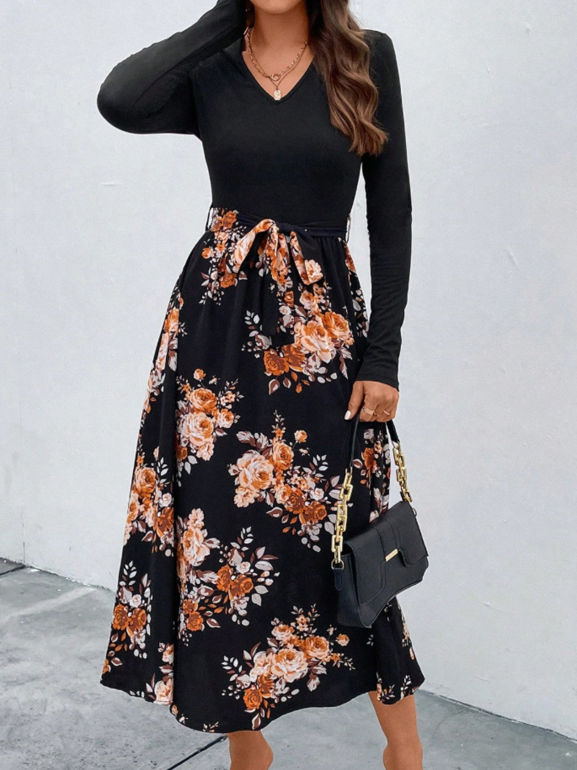 Floral V-Neck Long Sleeve Dress, Size XL