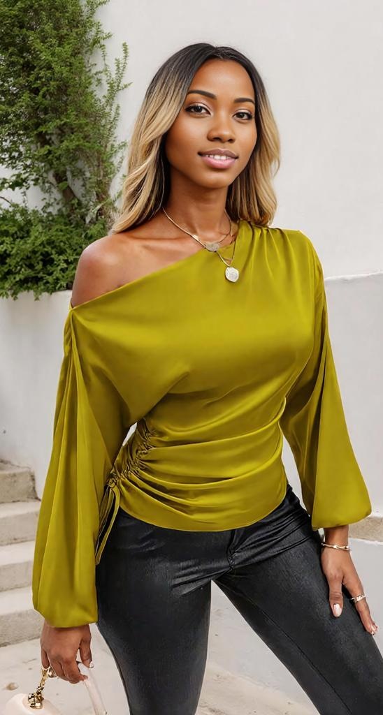 Drawstring One Shoulder Long Sleeve Blouse