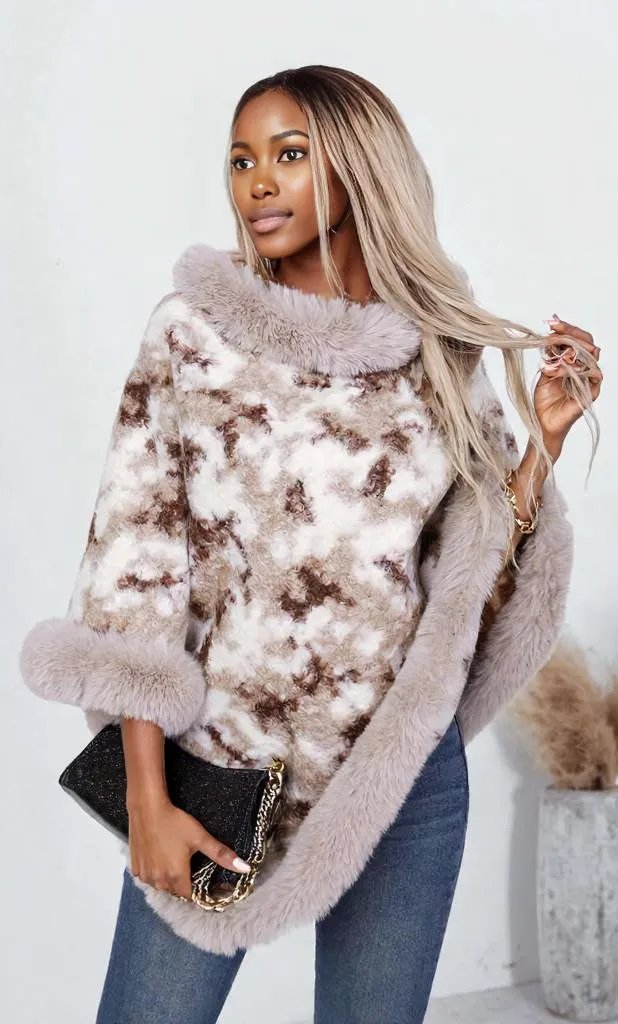 Furry Contrast Three-Quarter Poncho