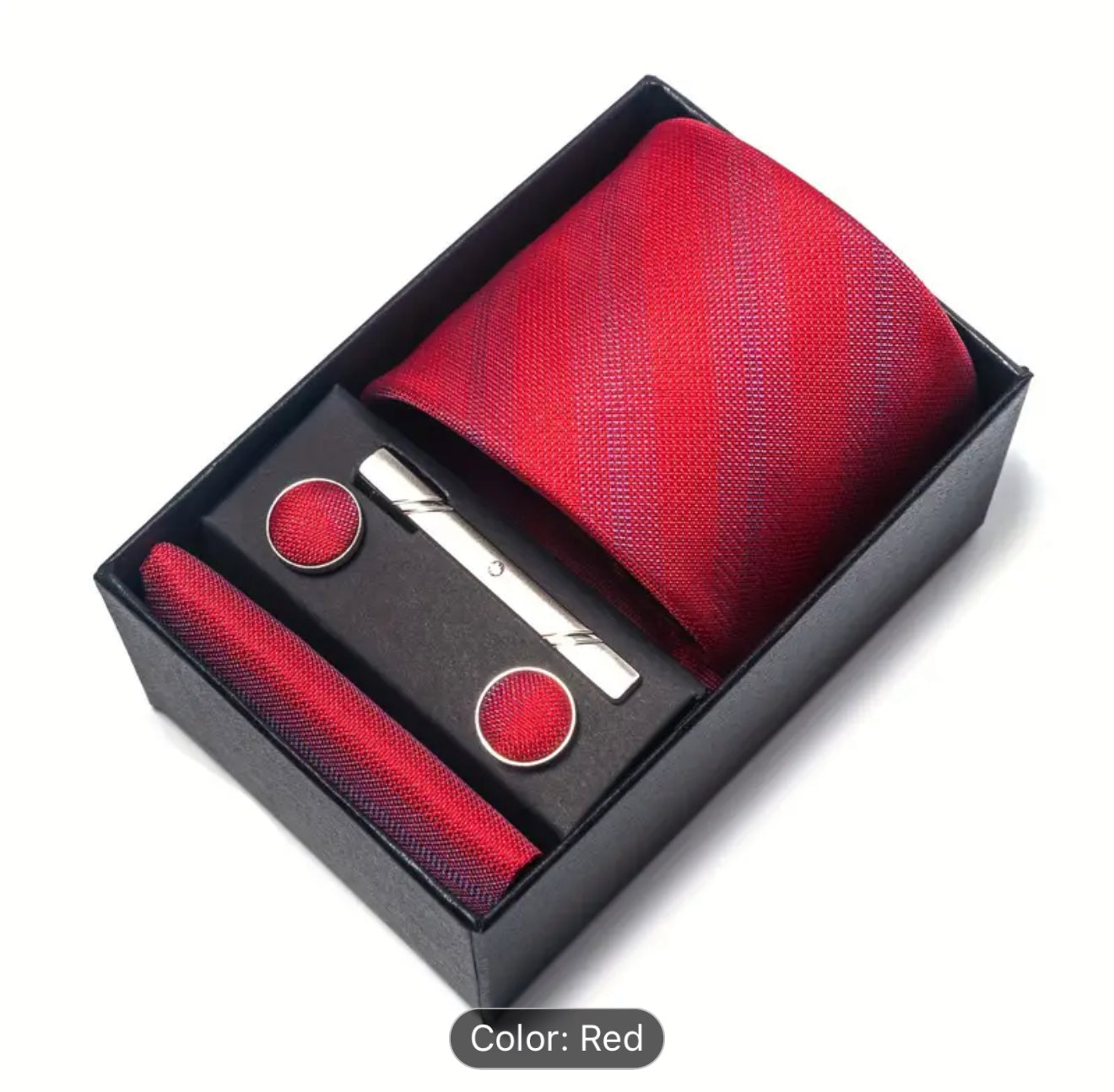 Men’s Silk Coordinated Tie Set w/Box - Red with Blue Stripe