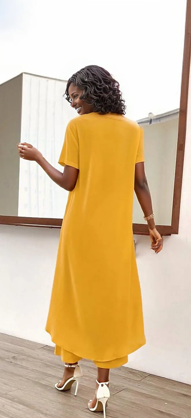 Plus Fashion Asymmetrical Top with Wide Leg Pants - Three Colors