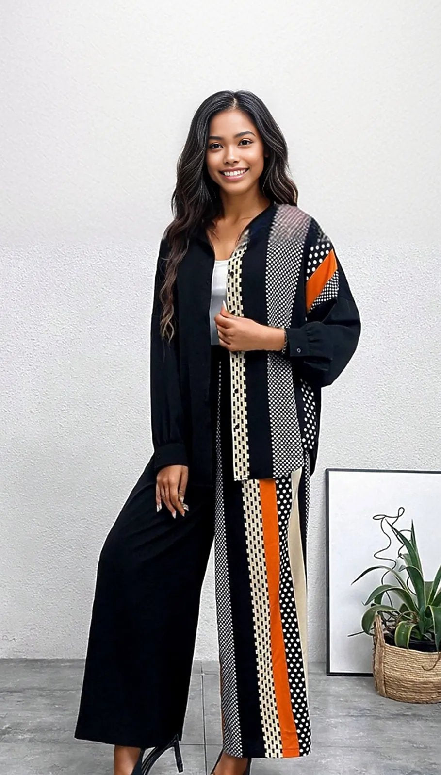 Wide Leg Pants and Drop Shoulder Top Two Piece Polka Dot Set (US Sizes 4 - 20)