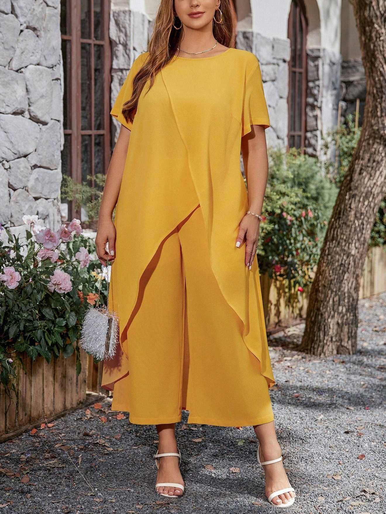Plus Fashion Asymmetrical Top with Wide Leg Pants - Three Colors