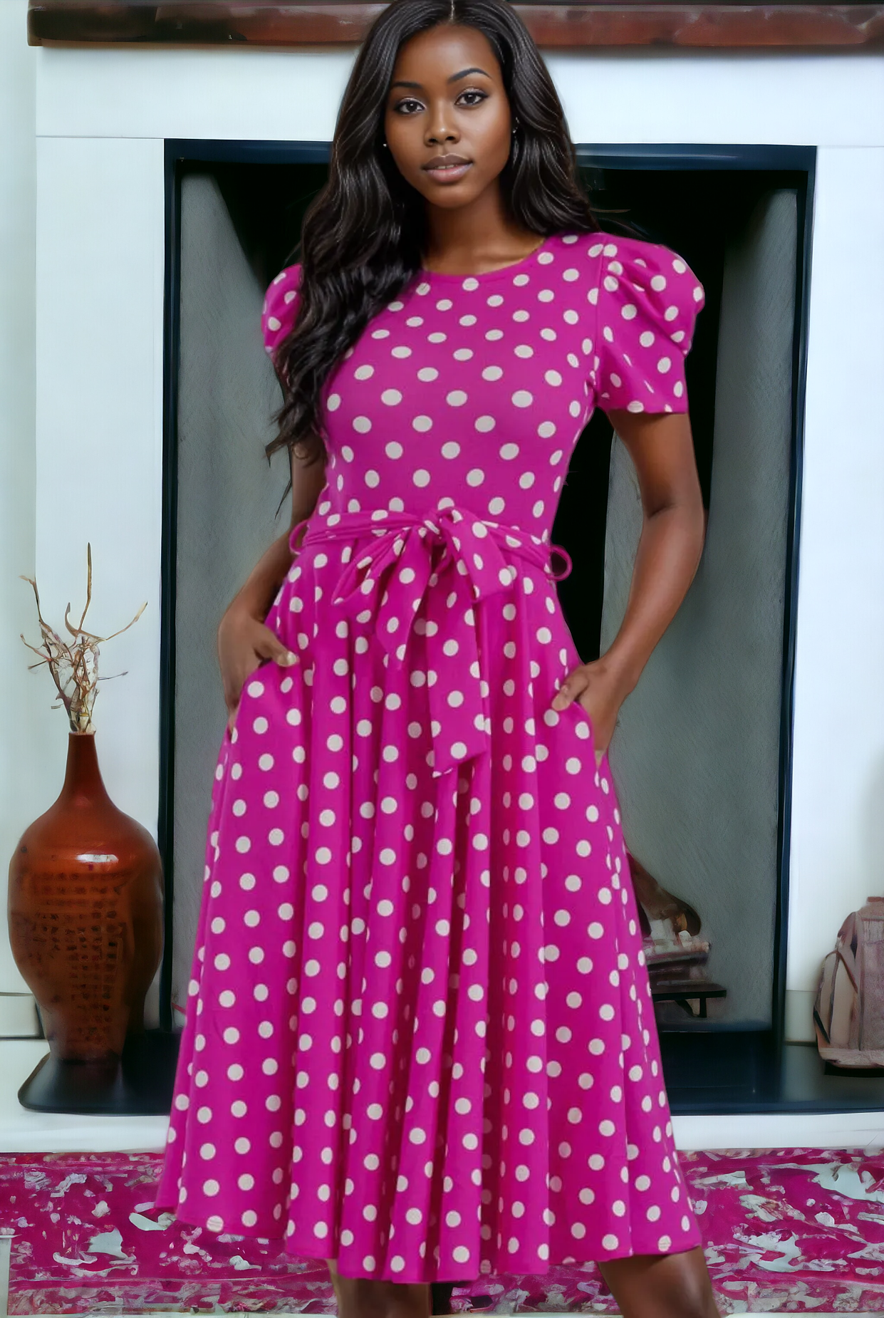 Puff Sleeve Polka Dot Cocktail Dress, Sizes 1X - 3X (Fuschia)