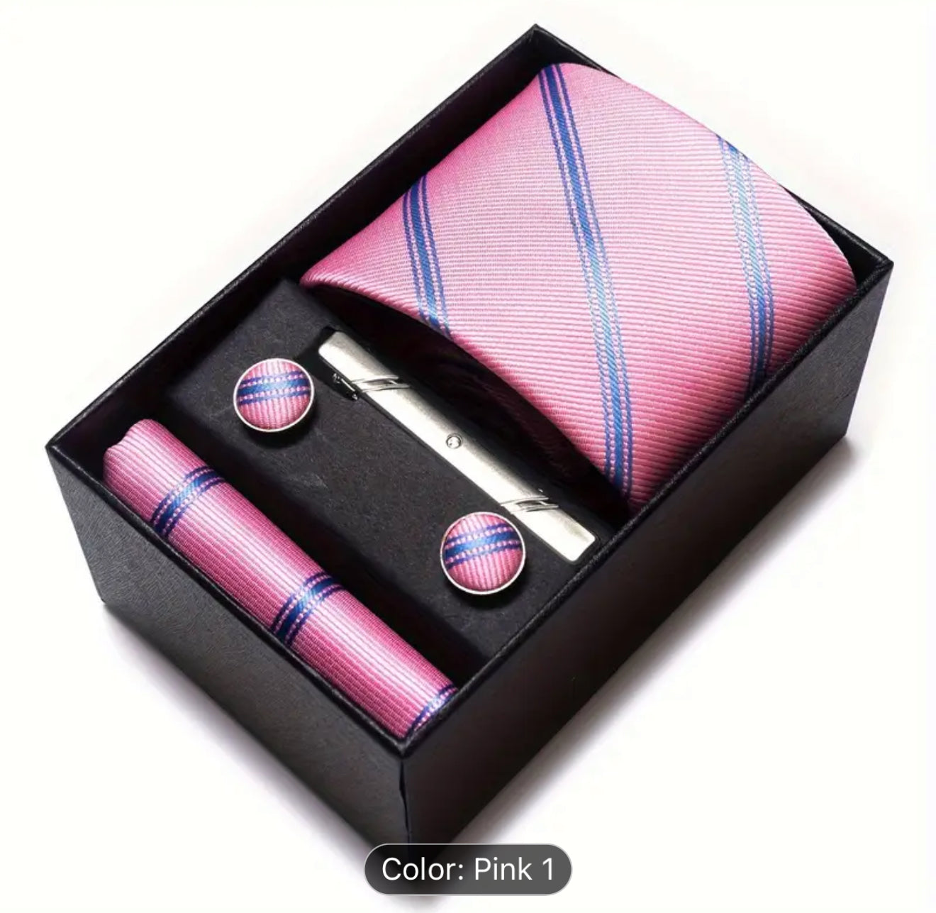 Men’s Silk Coordinated Tie Set w/Box - Pink with Blue Stripe (1)