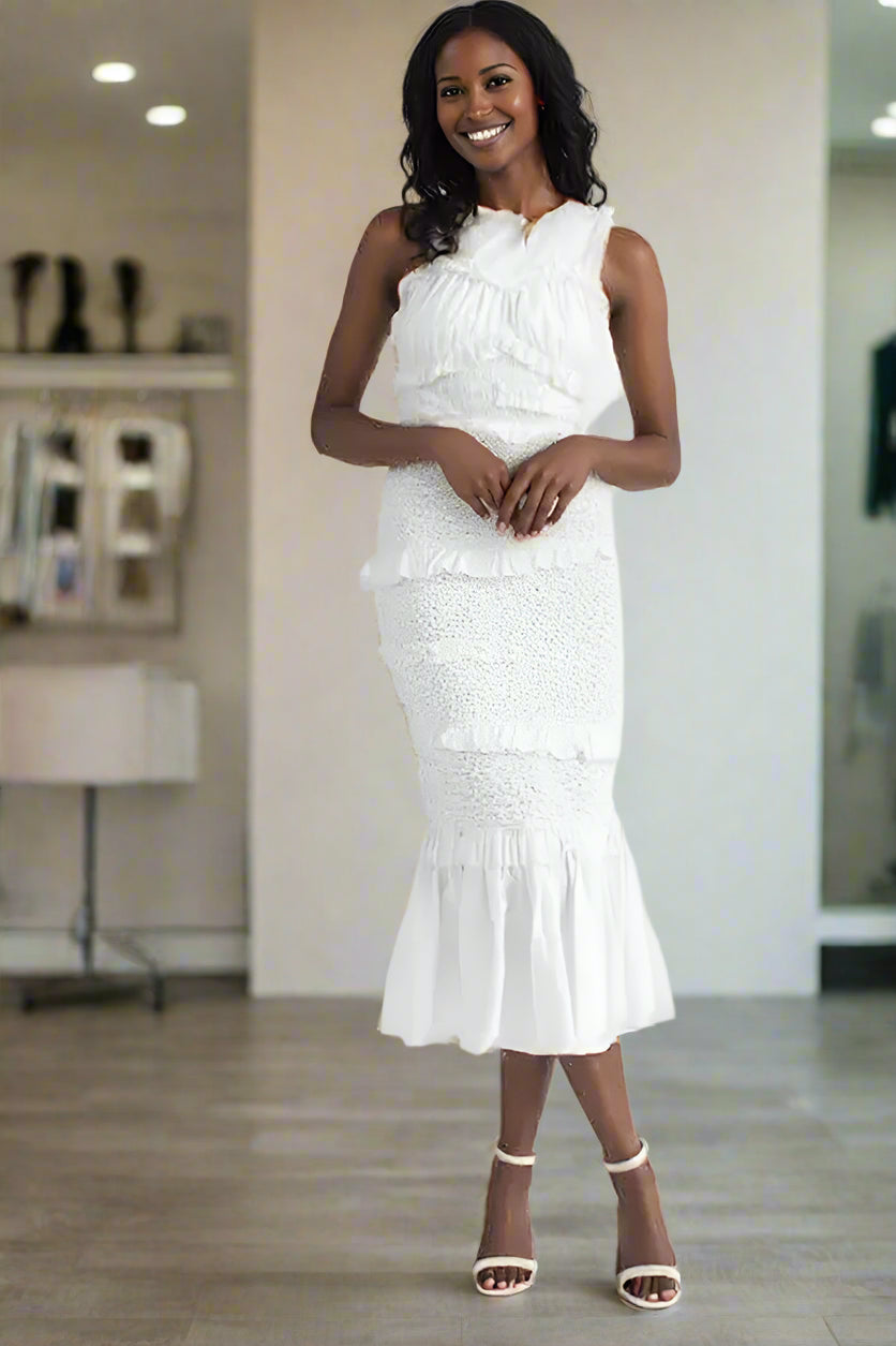 MABLE Ruffled Popcorn Smocked Mermaid Midi Dress MABLE Ruffled Popcorn Smocked Mermaid Midi Dress