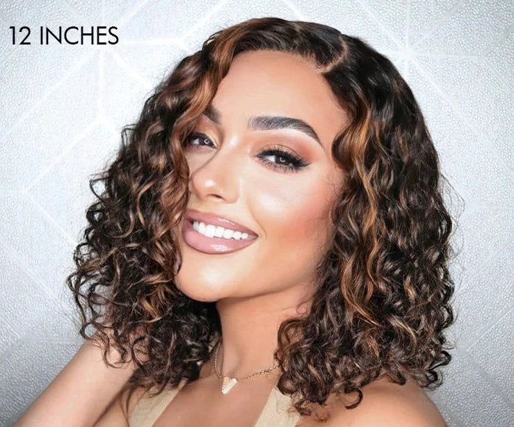 12 Inches Blonde Highlights Curly #1B/27 HD Lace Glueless C Part Short Wig