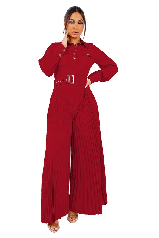 PLEATED LEG LONG MAXI JUMPSUIT