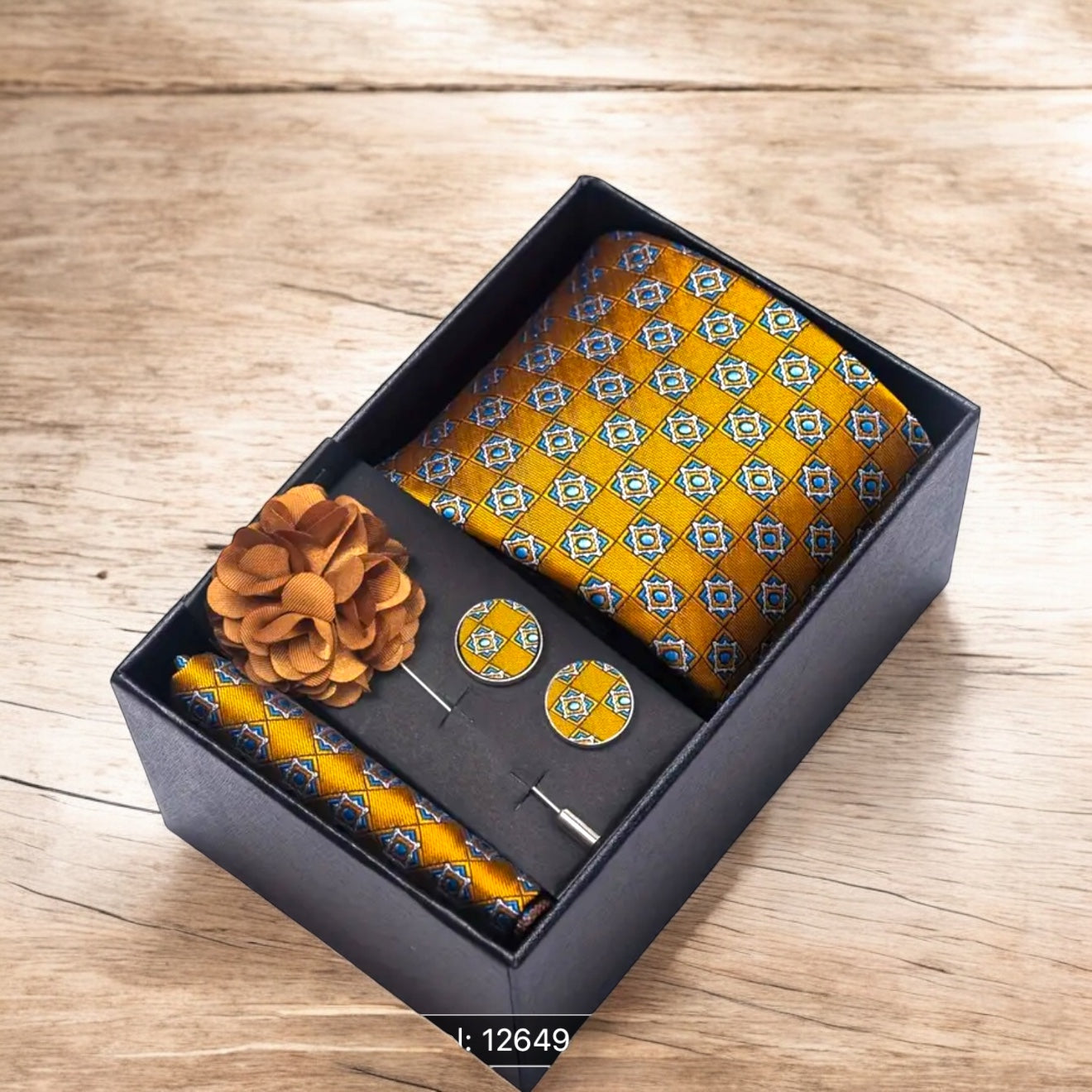 Men’s Silk Coordinated Tie Set w/Box - Turmeric with Blue Check (12649-FB223)