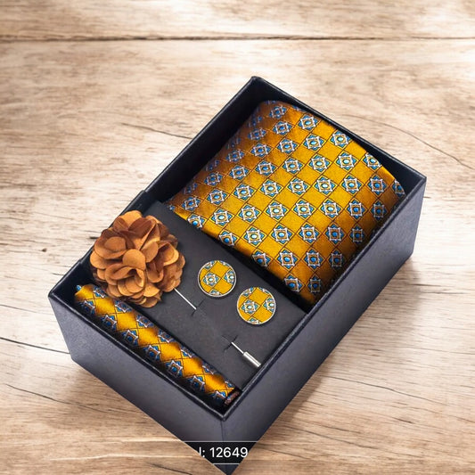 Men’s Silk Coordinated Tie Set w/Box - Turmeric with Blue Check (12649-FB223)
