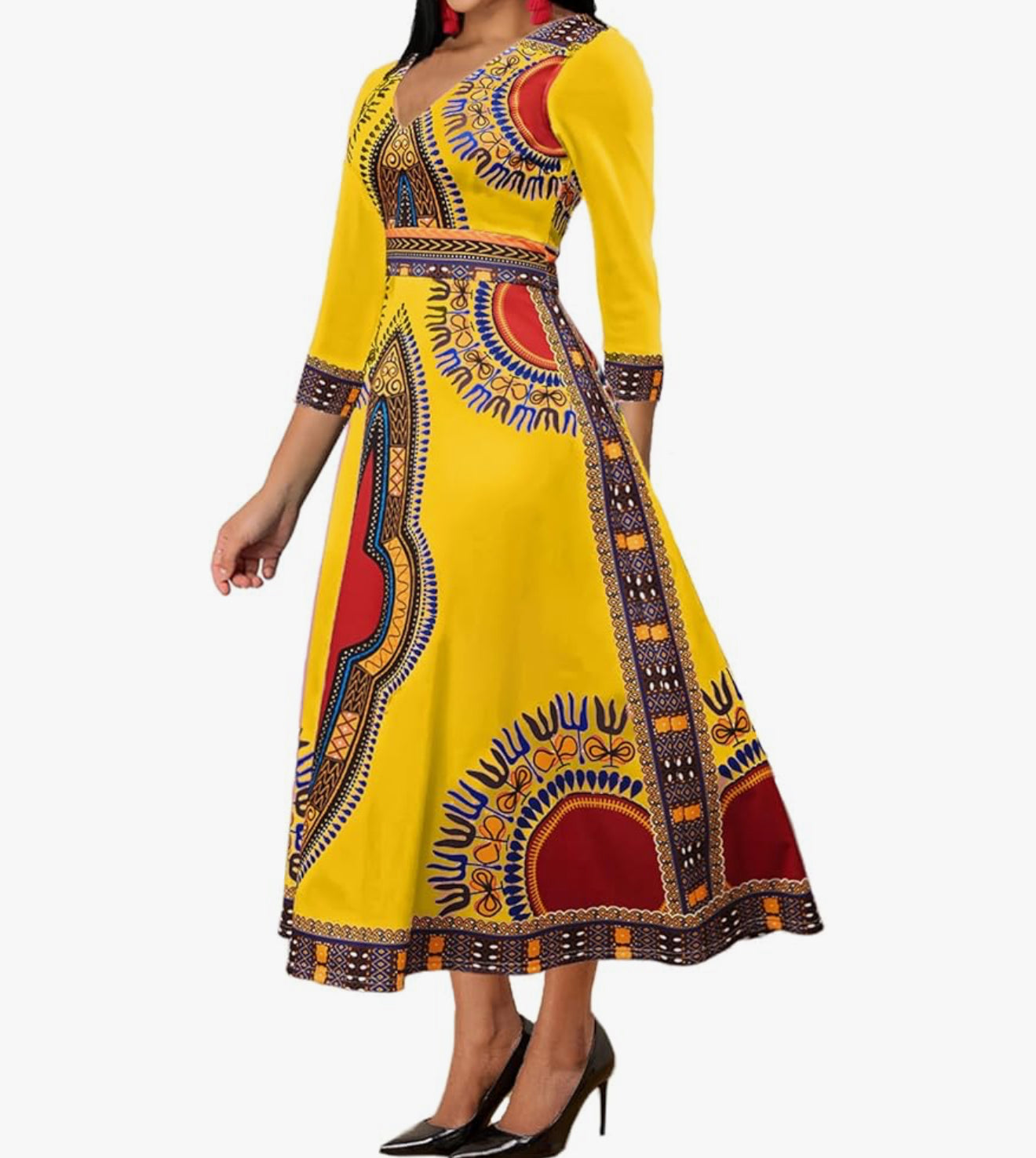 Elegant African Print Maxi Dress – Sizes S to 3XL (Yellow)