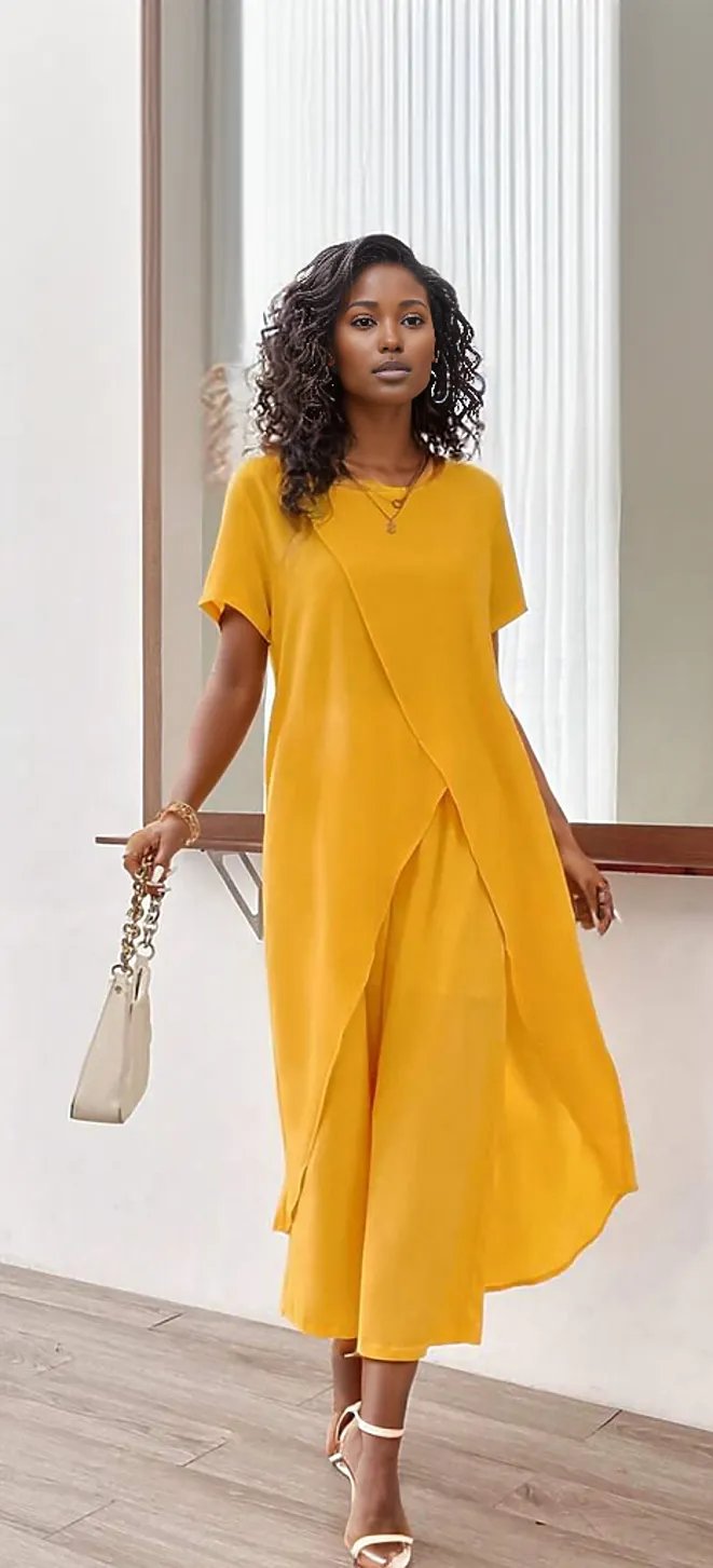 Plus Fashion Asymmetrical Top with Wide Leg Pants - Three Colors