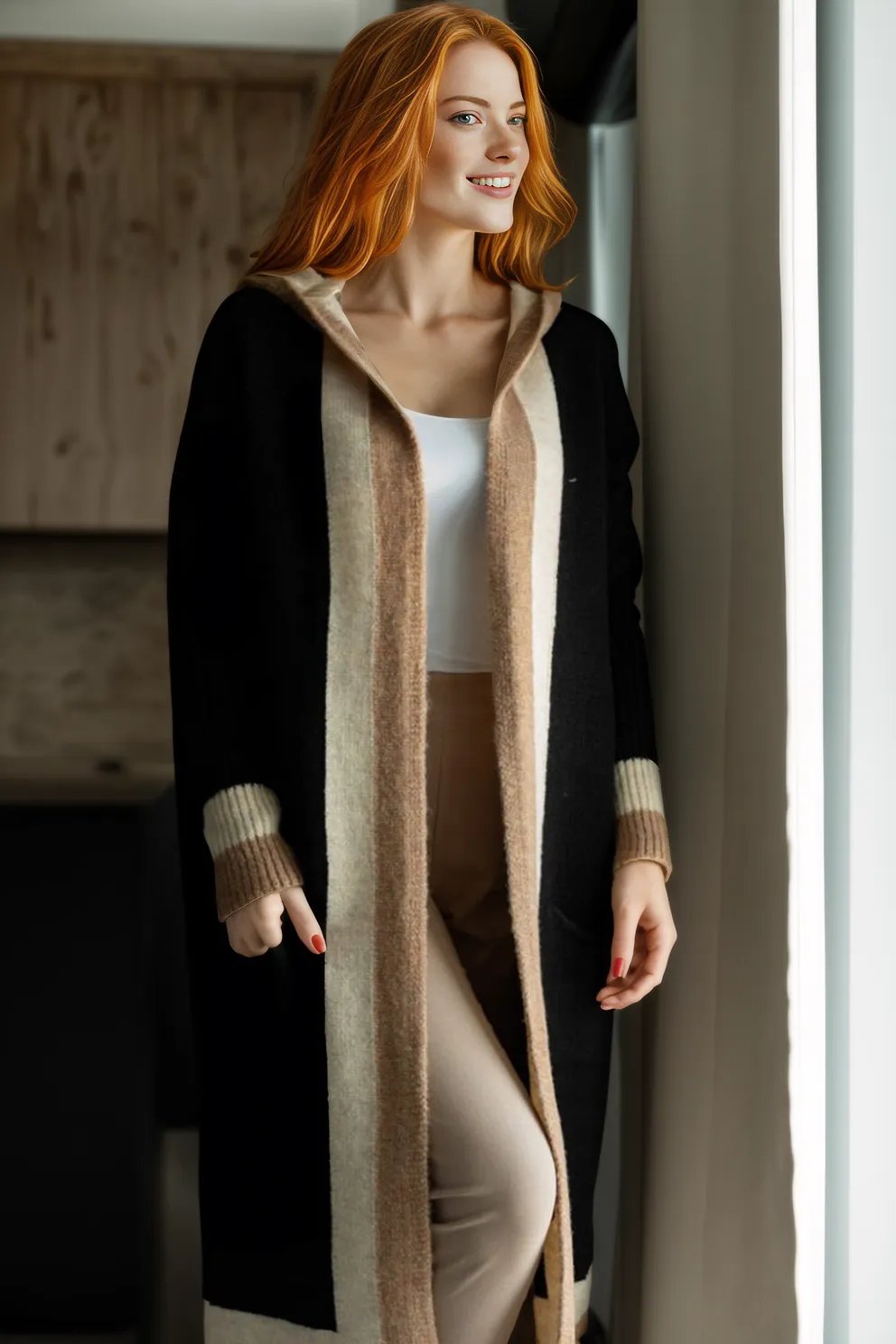 Pocketed Contrast Long Sleeve Hooded Cardigan