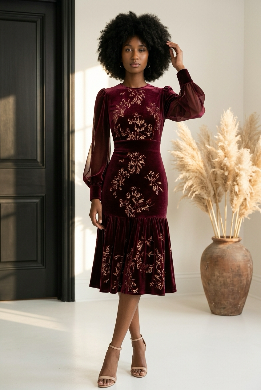 lantern sleeve midi dress Velvet Floral Our bestselling crystal dress, Tumble dry low spo-individual Size:M (36–38)