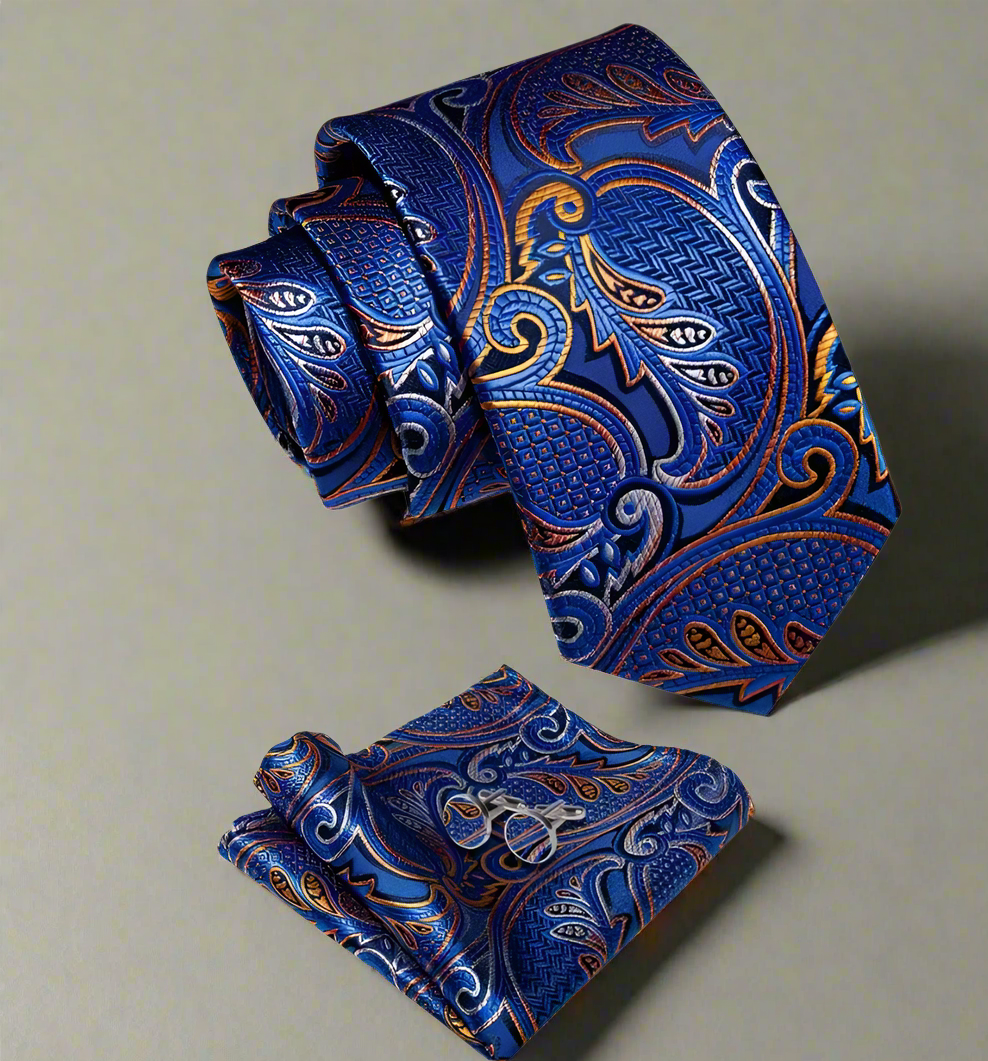 Men’s Silk Coordinated Tie Set - Blue Tie with Blue & Orange Paisley