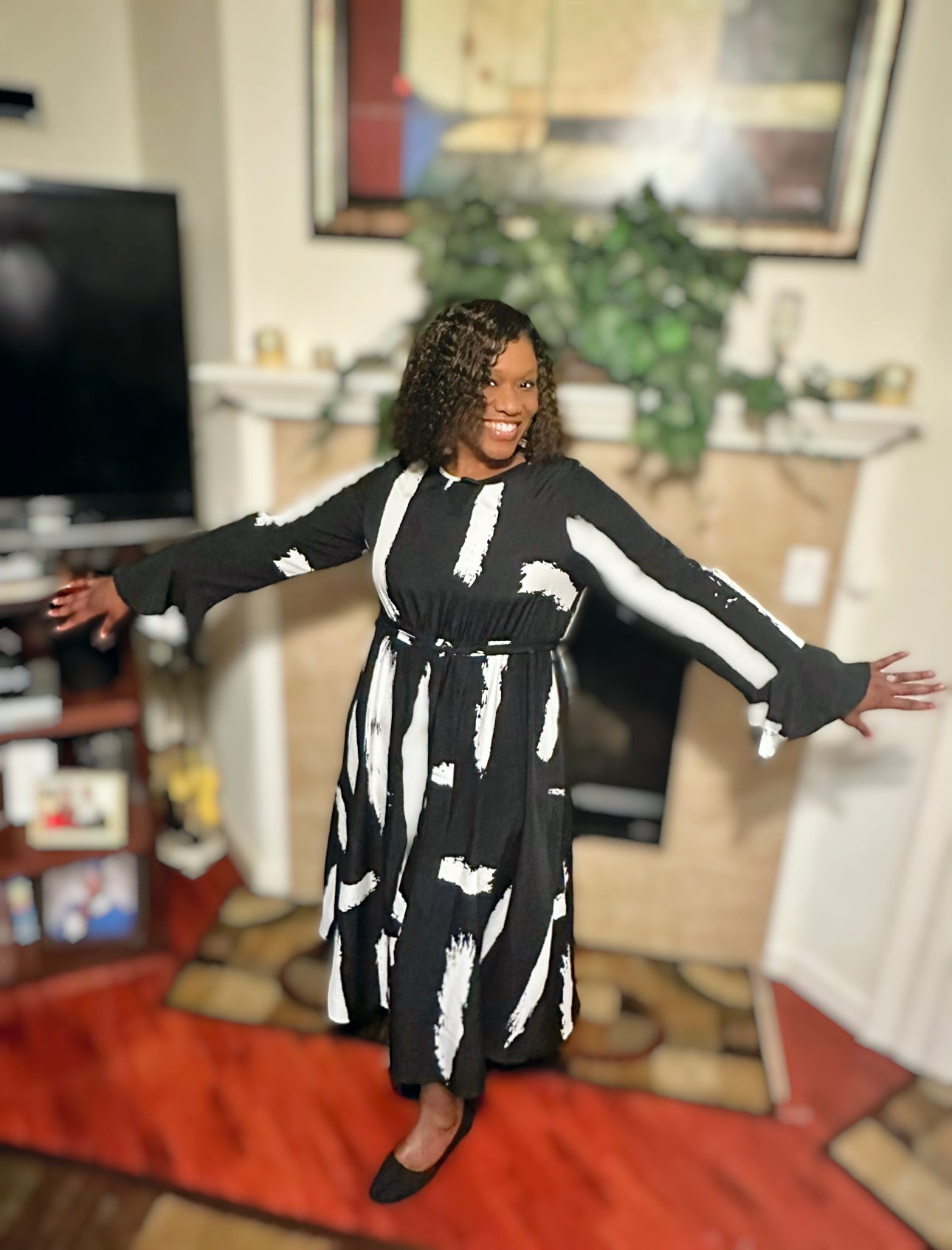 Plus Size Printed Tie Belt Flare Sleeve Round Neck Midi Dress