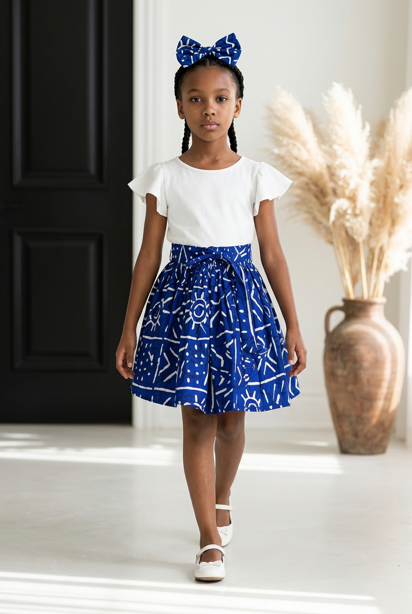 Little Girls Skirt & Head Bow Set-Kids Blue Tribal K05 (Child Size 5-8)