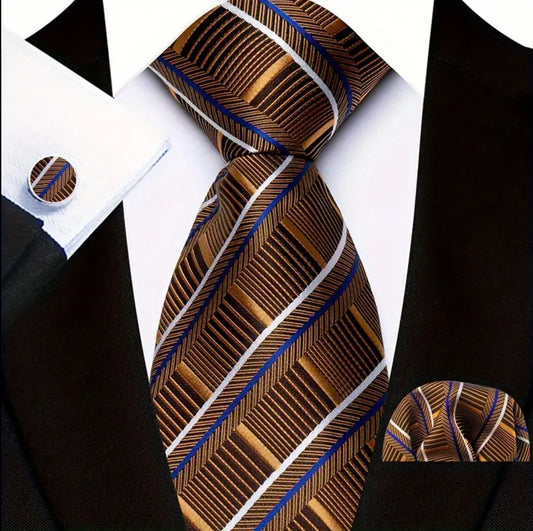 Men’s Silk Coordinated Tie Set - Brown with Blue White Stripes
