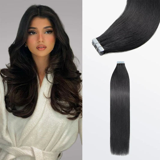 Premium Quality Straight Tape In Remy Hair Extensions #1 Jet Black