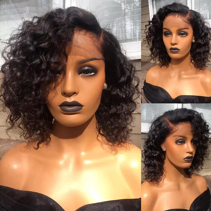 10 Inches #1B T-Part Undetectable Lace Water Wave C Part Short Bob Wig