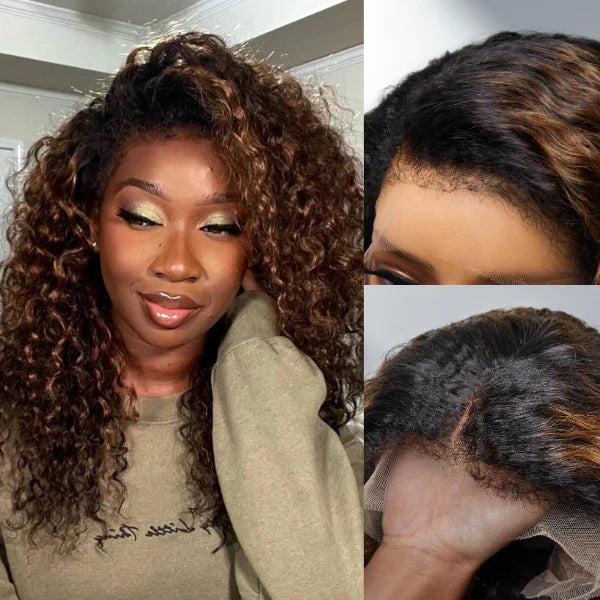 16-20 Inches 4C Edges | Kinky Edges Ombre Brown Deep Wave 13x4 Frontal HD Lace Side Part Long Wig-100% Human Hair