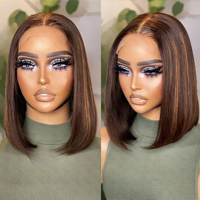 12 Inch Chestnut Brown Highlights Straight 4x4 Closure Bob Wig 150% Density
