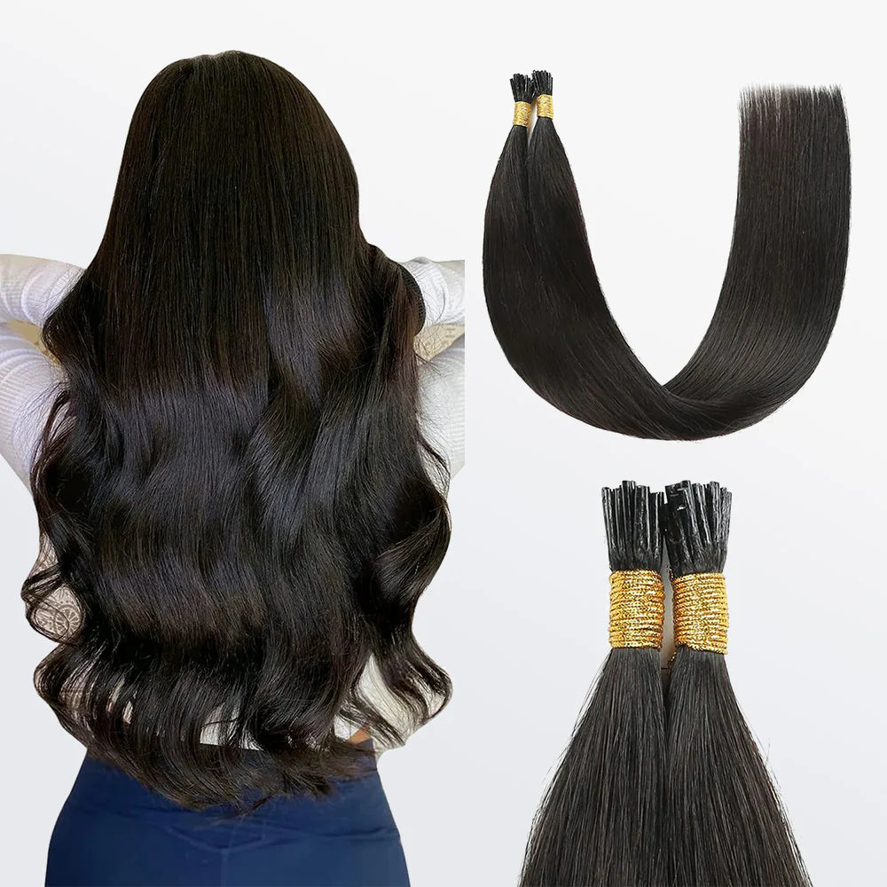 I Tip Hair Extensions Straight Natural Remy Human Hair (#1B Natural Black)