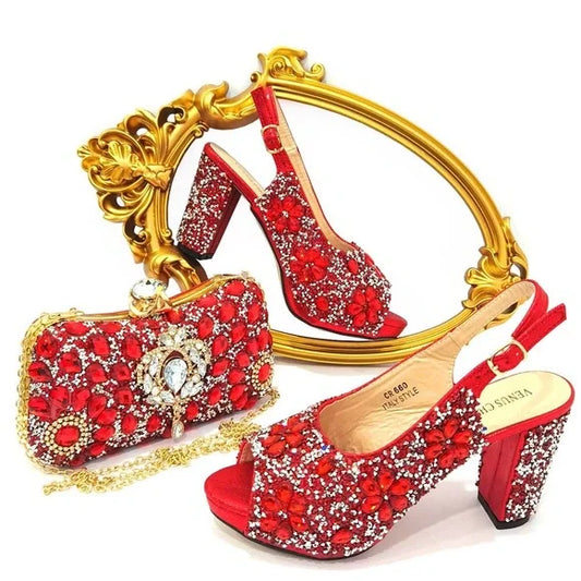 Nigerian Luxury Fashion Ladies High Heel Slippers and Bags Set with Rhinestones, Red US Size 8.5