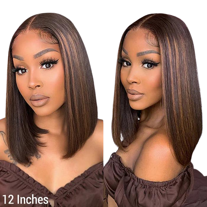 12 Inch Chestnut Brown Highlights Straight 4x4 Closure Bob Wig 150% Density