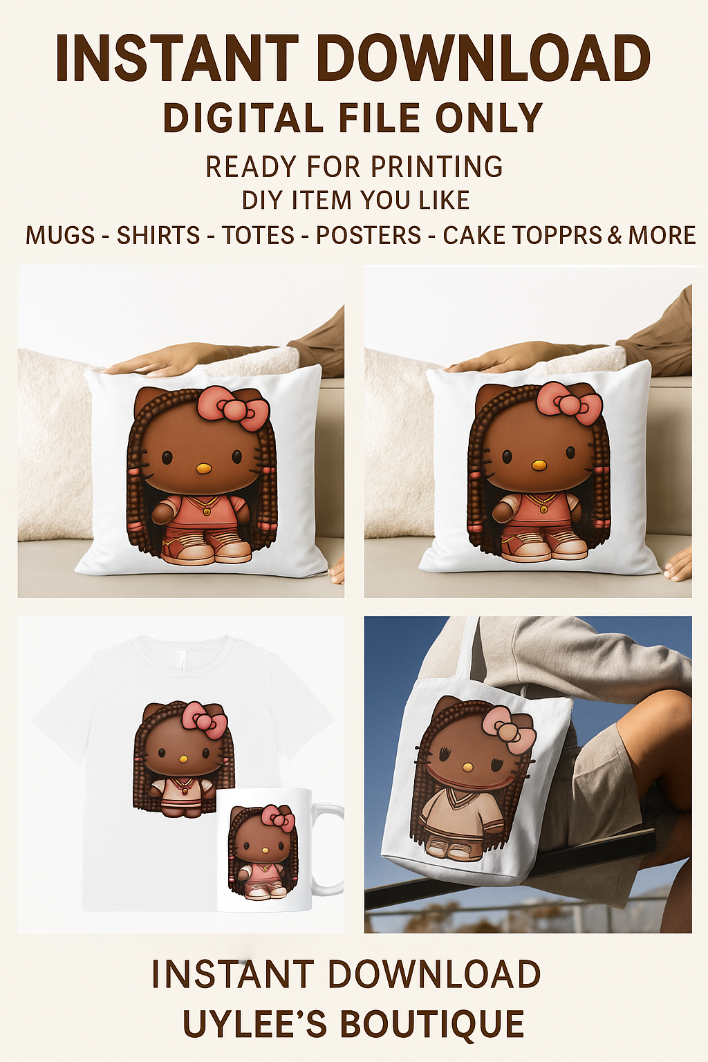 Hello Kitty African American Braided Hair PNG JPG Bundle | Cute Black Girl Digital Download for Mugs, T-Shirts, Tote Bags, Stickers & More